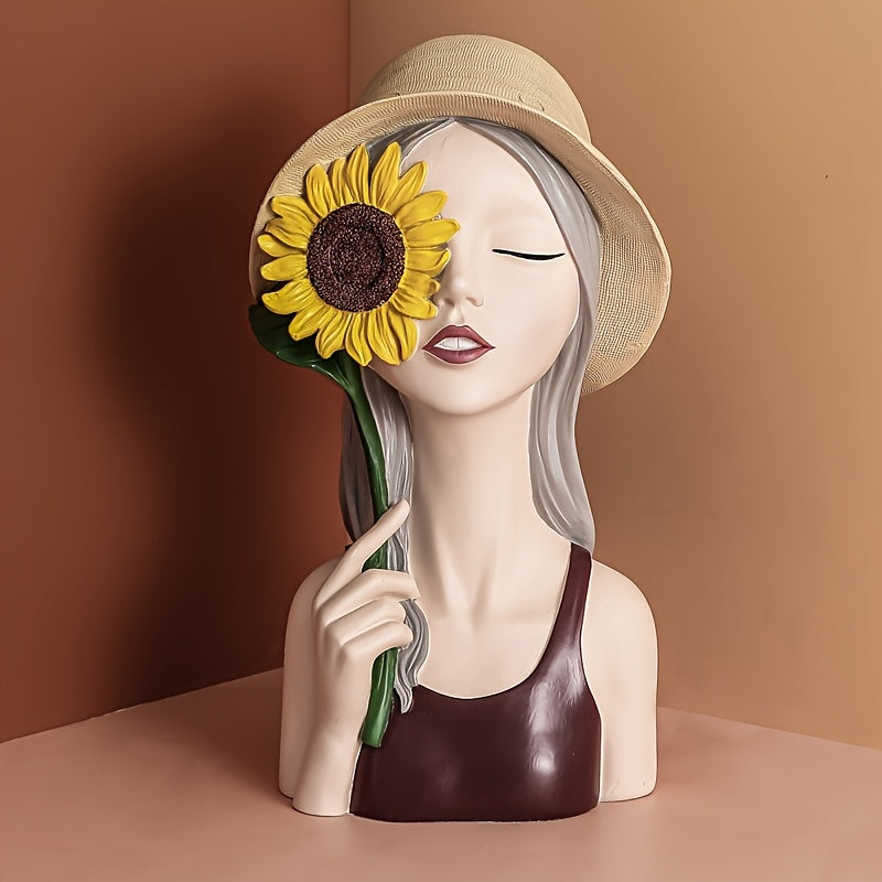 Moderna figura de girasol de resina de lujo para niña, decoración creativa de interiores para sala de estar, mueble de TV, mueble de vino, entrada - No necesita electricidad, elegante artesanía de adorno para el hogar