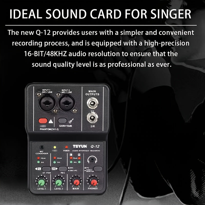 BOMGE Q12 2 canales de interfaz de audio portátil - Mezclador mini USB profesional para guitarra, voces y grabación de estudio, 36V o menos, material ABS negro, 2 canales, 2 canales de interfaz de audio | Mezclador compacto | Construcción duradera