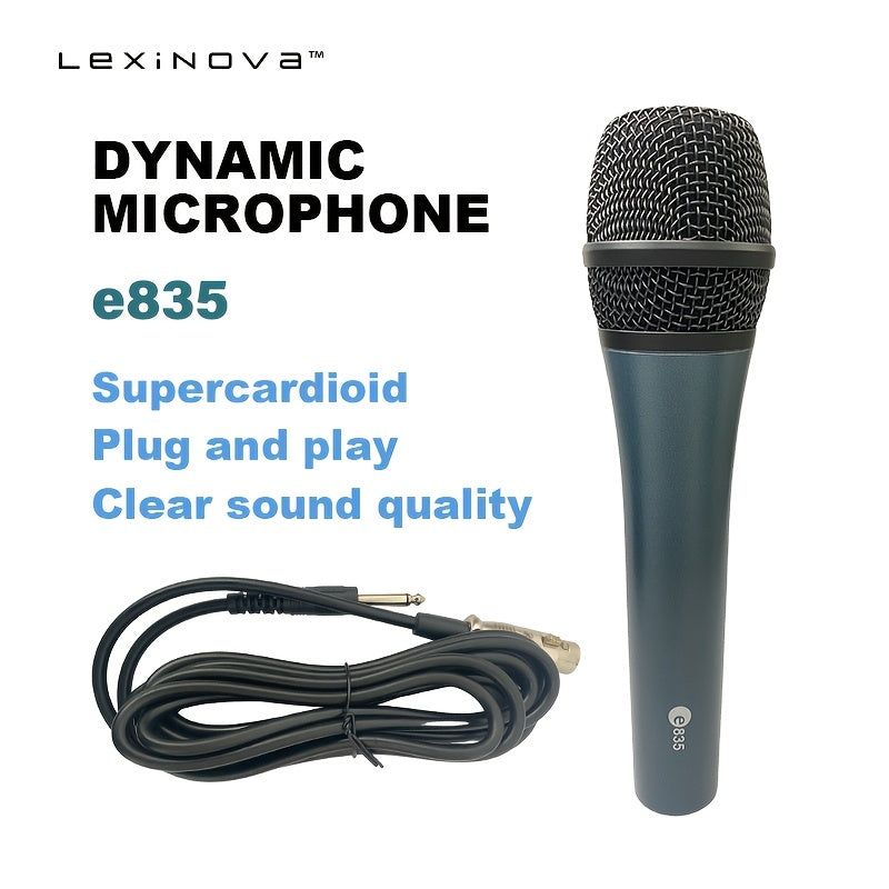 Micrófono dinámico profesional LEXINOVA E835 - Supercardioide, alimentado por USB con conector de 6.35 mm, sonido claro para grabación de voz en vivo, karaoke y presentaciones, diseño duradero para uso manual, micrófono para cantar