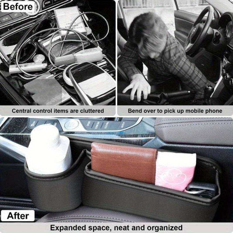 Caja de almacenamiento ajustable para rellenar el hueco entre los asientos del coche con tapa para tazas - Organizador multifuncional para teléfono, llaves, gafas y tarjetas, negro, solución de almacenamiento para coche | Accesorio de coche elegante | Al