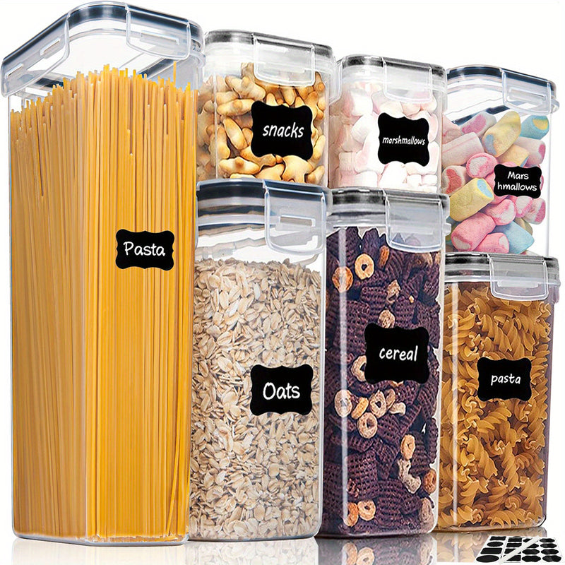 Juego de 7 Contenedores Herméticos para Almacenamiento de Alimentos con Tapas, Tarros de Plástico para Cocina y Despensa para Espagueti, Alimentos Secos, Harina y Azúcar, con Etiquetas, ¡Esencial para la Organización en Autocaravana!