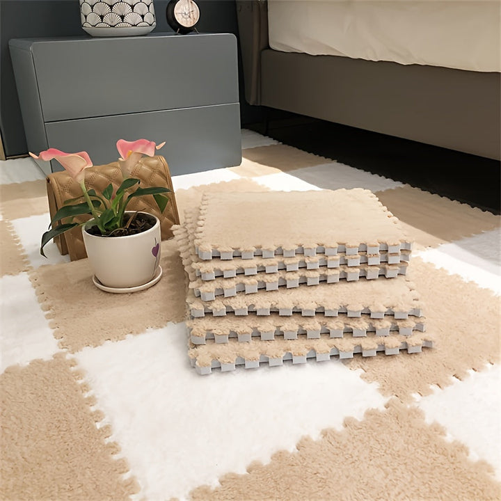 12 piezas Alfombra modular de peluche, gruesa anti-golpe Alfombra de habitación de dormitorio, 29,97 x 29,97 cm, Hecha a máquina de poliéster y EVA, Solo lavado a mano, Decoración de habitación