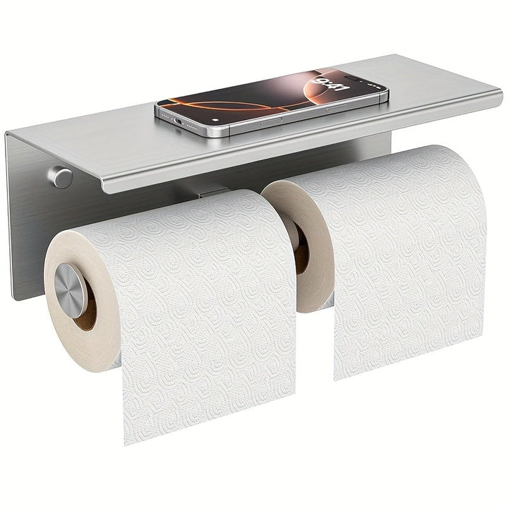 Soporte de papel higiénico de acero inoxidable con estante, diseño de doble cabeza, acabado cepillado, ahorro de espacio para baño, dorado, accesorio de inodoro.