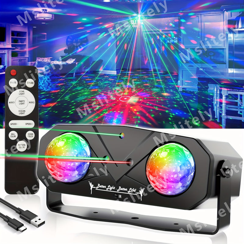 Paquete Definitivo de Fiesta Disco Mslitely: Luces de Bola Doble con Efectos de Ondas de Agua y Estrellas, 3 Luces Láser, Activación por Sonido y Control Remoto - Perfecto para Celebraciones en Casa, Cumpleaños, Halloween y Decoración Navideña