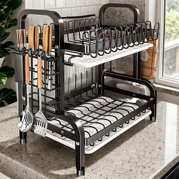 Estante de platos de cocina de acero inoxidable de 2 niveles con soporte para utensilios - Organizador de encimera que ahorra espacio para platos, tazas y cubiertos (pala, tablero no incluido) - Regalo perfecto para todos los 11 festivales