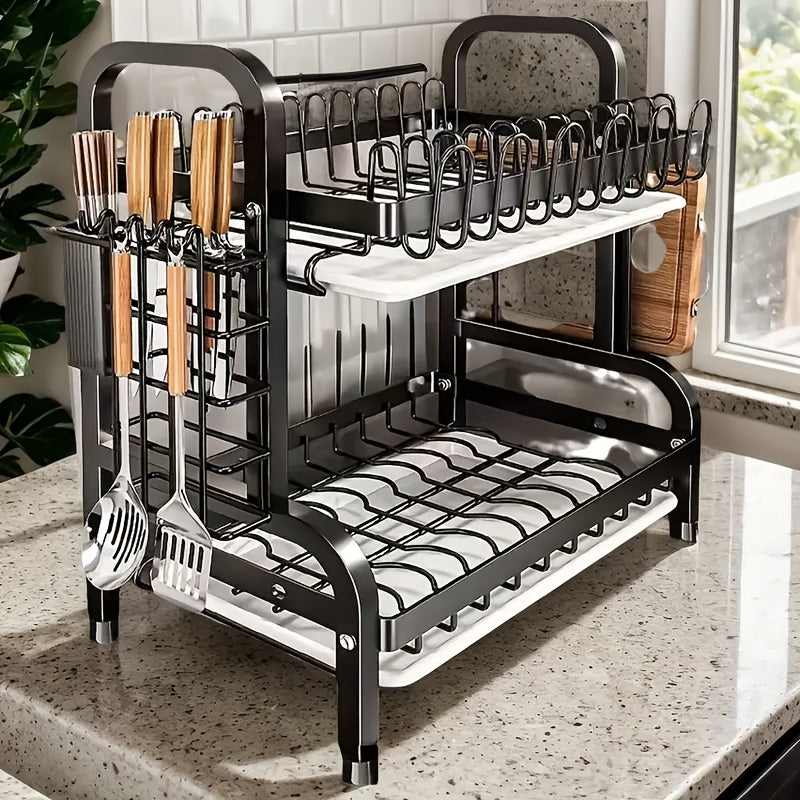 Estante de platos de cocina de acero inoxidable de 2 niveles con soporte para utensilios - Organizador de encimera que ahorra espacio para platos, tazas y cubiertos (pala, tablero no incluido) - Regalo perfecto para todos los 11 festivales