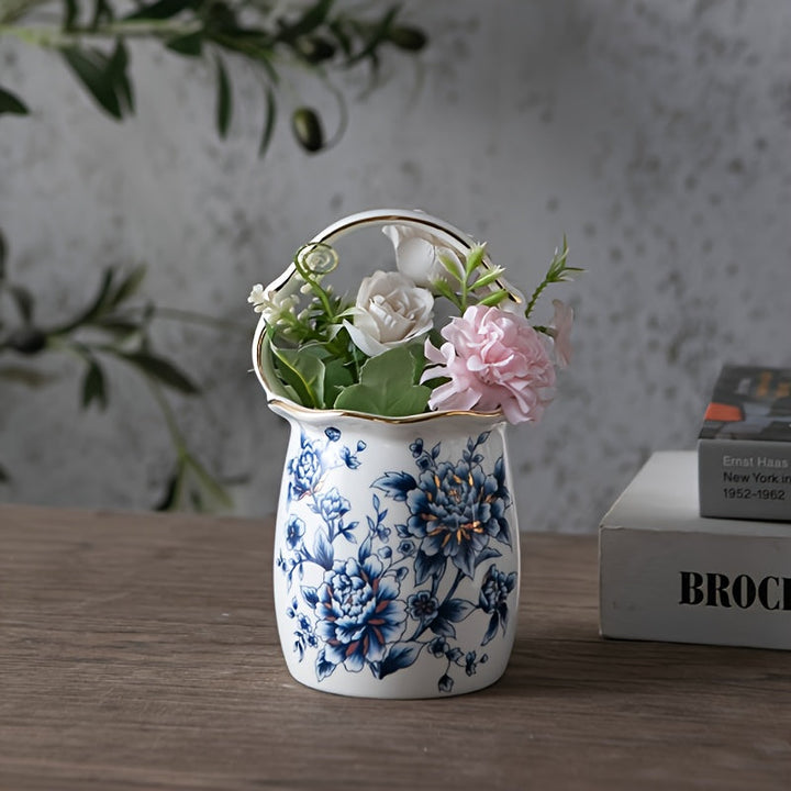 Tarros de almacenamiento de cubiertos de cerámica de estilo europeo-americano, diseño floral decorativo, altos recipientes de cocina de porcelana de hueso, con ribete dorado, para cubiertos, cucharas y organizador de palillos