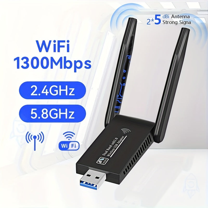 Adaptador USB WiFi de doble banda WIMOTEK de 1300 Mbps con antenas de 5 dBi, 802.11AC, USB 3.0, compatible con Windows 11/10/8/7/XP, Mac OS 10.9-10.15, conectividad Wi-Fi confiable para PC de escritorio