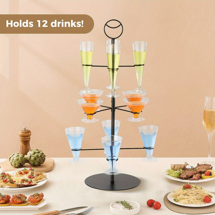 Elegante soporte de árbol de cóctel de 3 niveles con 12 soportes - Estante de exhibición de copas de champán con acabado negro para fiestas y eventos, construcción metálica, perfecto para organizar bebidas, soporte de árbol de cóctel