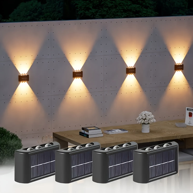 6 luces solares LED para exteriores, iluminación de pared con luz cálida y fría, IP65 impermeable, alimentadas por energía solar con batería de níquel recargable, incluye hardware de instalación, ideal para patio, jardín, porche, barbacoa y decoración de