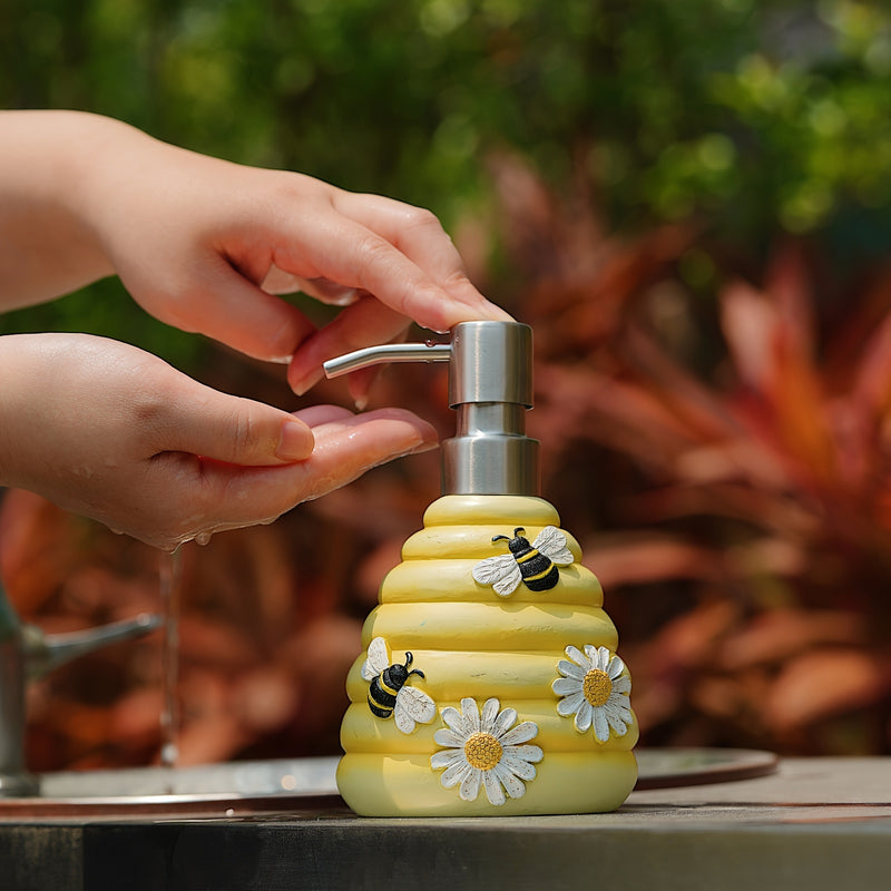 Dispensador de Jabón de Resina con Abeja y Girasol - Libre de BPA, Bomba de Loción Recargable para Decoración de Baño y Cocina