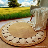 1 pieza de alfombra redonda de lino lavable a mano estilo bohemio - Plegable, antideslizante, alfombra artística para sala de estar de granja, dormitorio, baño, uso interior/exterior, fibra de poliéster, lavable a máquina, alfombra interior/exterior | Al