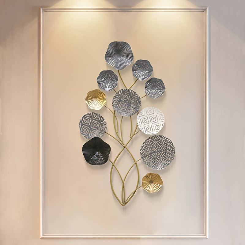 1 Pieza de Arte Metálico Grande para Pared - Diseño Floral 3D Apilado con Hojas en , Blanco y Dorado Gris, Colgante Vertical para Sala, Dormitorio o Comedor, Decoración Bohemia Moderna, Adorno para Habitaciones