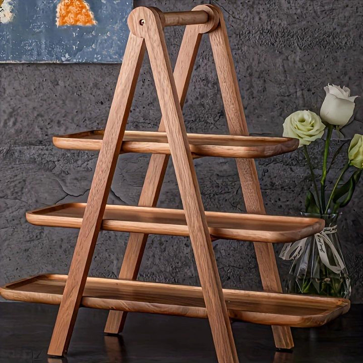 Bandeja de Servir de Madera de Acacia de 3 Niveles - Diseño Elegante en Forma de Escalera, Organizador Duradero para Cocina y Expositor de Buffet para Hogar, Hotel o Restaurante