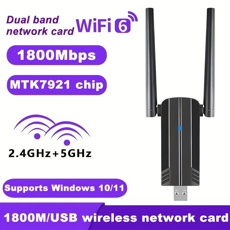 Adaptador de Red sin varillas WiFi6 1x USB 3.0 1800Mbps, Adaptador USB WiFi 802.11ax con Interfaz Super USB 3.0, Antena Externa de Alta Ganancia, Doble Banda 5.8G/2.4G, Receptor/Transmisor, Compatible Solo con Windows 10/11