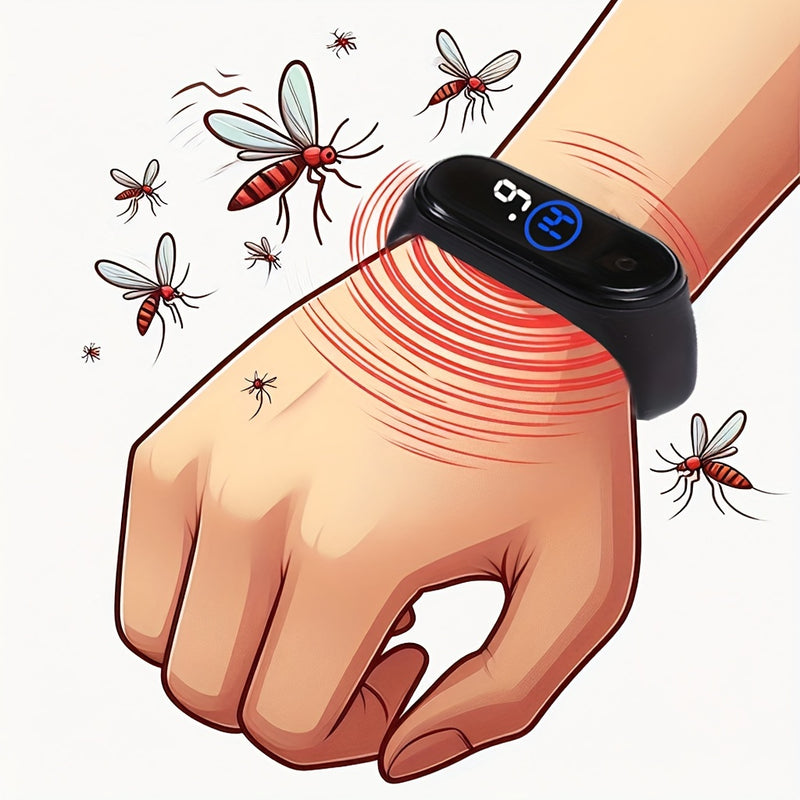 Muñequera Repelente de Mosquitos Electrónica Negra – Ajuste Cómodo, Disuasivo Físico para Insectos, No Tóxico, Diseño Unisex para Pesca y Actividades al Aire Libre, Incluye 2 Pilas Botón, Pulsera Unisex | Brazalete Elegante | Moderno y Portátil