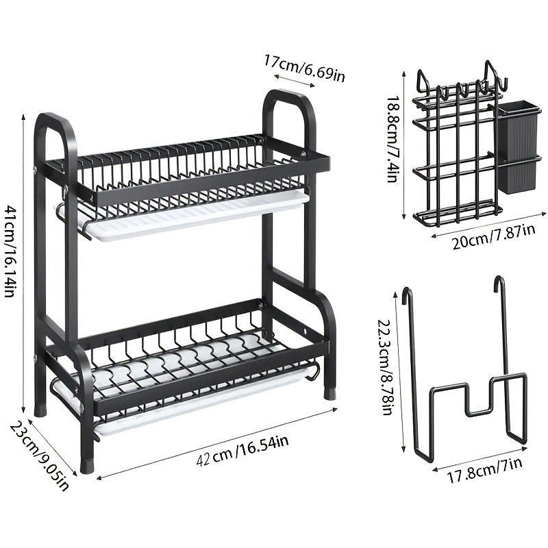 1pc Estante de Secado de Acero Inoxidable de 2 Niveles con Sistema de Drenaje, Organizador de Encimera de Gran Capacidad para Platos, Boles y Tablas de Cortar - Estantería Multifuncional para Cocina