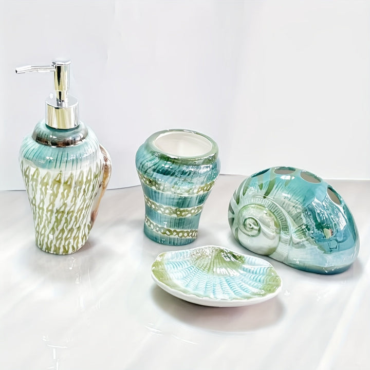 Juego de accesorios de baño de concha de mar de cerámica - Conjunto de 4 piezas de diseño de caracola de mar, incluye soporte de cepillo de dientes, plato de jabón, dispensador de loción, organizador de mostrador, portátil, no necesita electricidad
