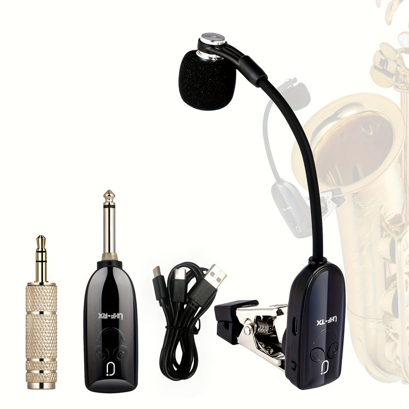 JYX Sistema de Micrófono sin varillas UHF de Alta Calidad Más Reciente, Micrófono para Saxofón con Receptor y Transmisor de Carga USB, Alcance de 160 Pies, Conectar-y-Jugar para Trompeta, Clarinete, Violonchelo, Tuba, Cuerno Francés, Alt