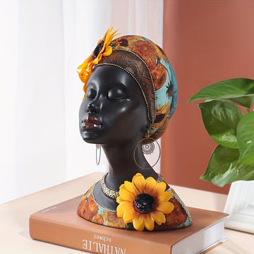 [Estatua Vintage de Mujer Tribal] Figura Vintage de 1 pza de Resina - Estatua de Mujer Negra con Tocado de Girasol - Decoración Exótica Tribal Africana - Ideal para Sala de Estar, Entrada, Vitrina de Vinos, Decoración Creativa para el Hogar