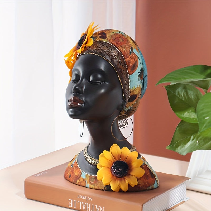 [Estatua Vintage de Mujer Tribal] Figura Vintage de 1 pza de Resina - Estatua de Mujer Negra con Tocado de Girasol - Decoración Exótica Tribal Africana - Ideal para Sala de Estar, Entrada, Vitrina de Vinos, Decoración Creativa para el Hogar