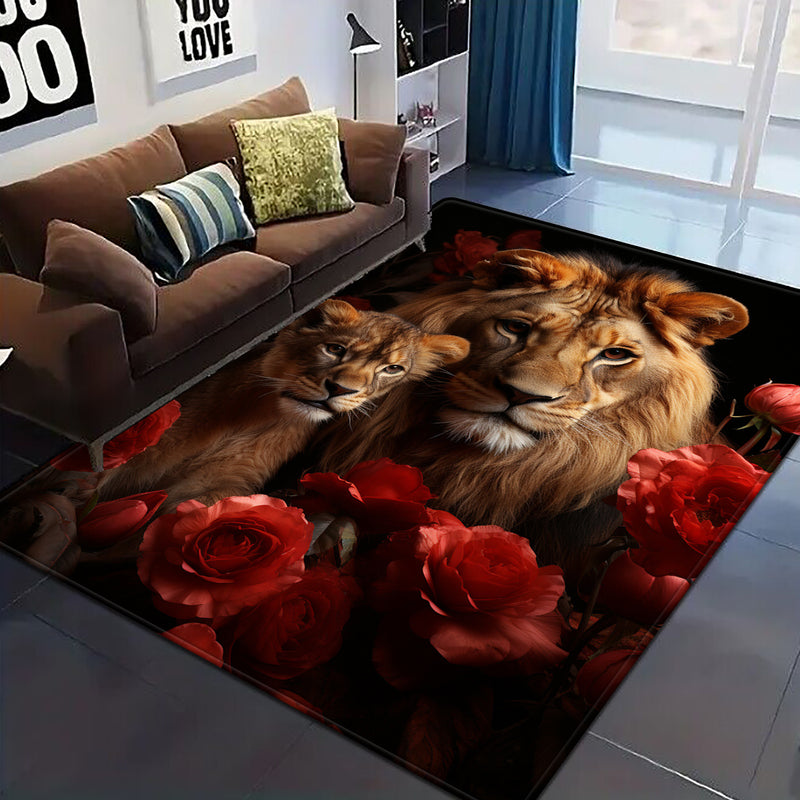 Tapete cuadrado con diseño de pareja de rosa y león romántico - Felpa suave, resistente al desgaste, decoración para dormitorio y sala de estar