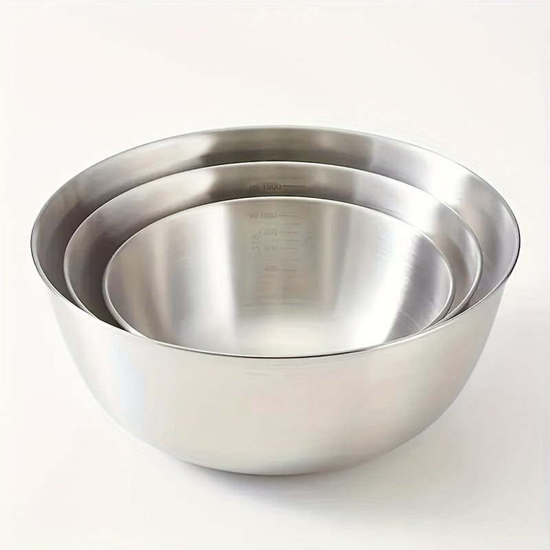 Juego de 3 tazones de acero inoxidable para ensaladas, tazones resistentes con diseño de vegetales, antirayaduras, acabado metálico cepillado redondo, ideales para cocinar, hornear, mezclar y almacenar alimentos, uso en cocina de casa o RV