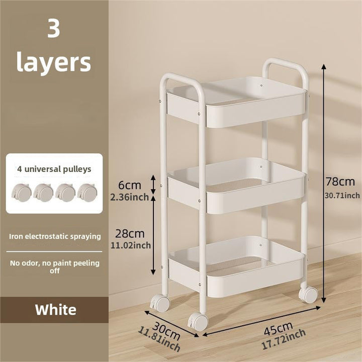 Carrito de almacenamiento de metal de 3 niveles, carrito de cocina rosa con ruedas, estante multifuncional para refrigerios para dormitorio y sala de estar, no requiere energía.
