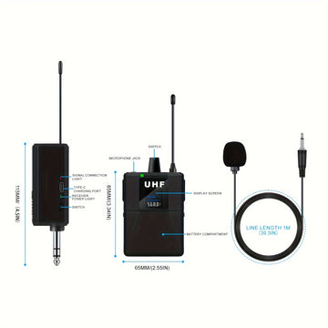 Micrófono inalámbrico profesional con collar de solapa, ajustable, recargable por USB, batería de litio de 800 mAh, conector de 6,35 mm para karaoke, canto, juegos, videoconferencias y transmisión en vivo.