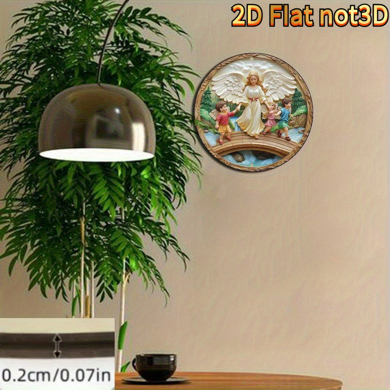 Arte de Pared Redondo de Madera con Ángel Guardián 2D Plano - Escena de Ángel y Arroyo, Perfecto para el Hogar, Oficina o Regalos del Día de San Patricio, Día de San Valentín, Decoración de Ángeles, 2D Plano