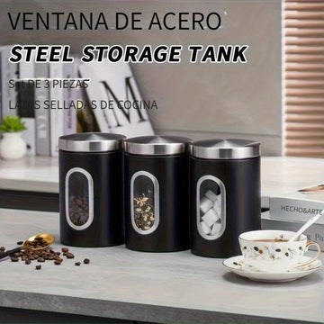 1pc Contenedor Hermético de Acero Inoxidable para Almacenamiento de Alimentos - Reutilizable, Tarro Metálico Redondo con Tapa Abatible para Granos de Café, Té, Azúcar y Más - Perfecto para la Organización de la Cocina