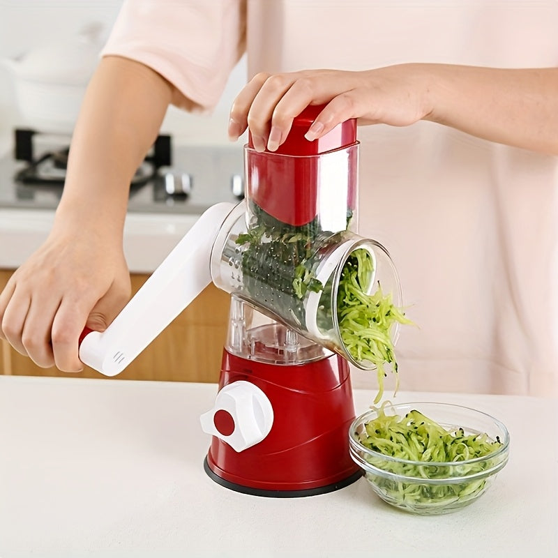 Rallador Manual Multifuncional 3 en 1 para Queso y Verduras con Mango - Plástico Duradero Antioxido, Fácil de Limpiar, Ideal para Cocina, Camping y Autocaravanas - Incluye 3 Ruedas Intercambiables