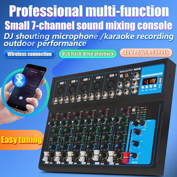 Mezclador DJ Portátil USB GH7 - Consola de Sonido de 7 Canales con Entrada MP3, Fuente de Alimentación de 48V para Grabación en Computadora, Negro