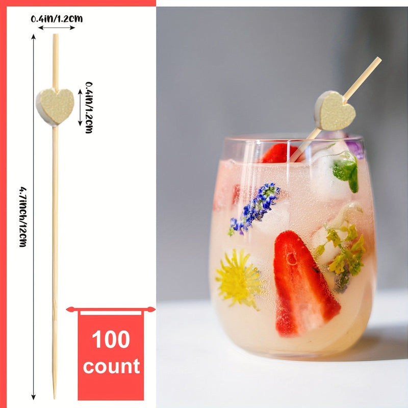 100 Palillos para Aperitivos, Palillos de Bambú para Cócteles, Palillos para Comida en Forma de Corazón, Palillos para Cócteles Cromo Dorado de 4.7 Pulgadas de Largo, Palillos para Frutas, Palillos para Barbacoa para Fiestas de Buffet en Casa y Restauran