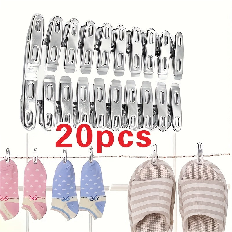 20 piezas de Pinzas para Ropa de Acero Inoxidable Resistentes - Antioxidantes y a Prueba de Viento para Uso Interior y Exterior - Clips Metálicos Multiusos para Colgar Ropa, Organizar Artículos y Sujetar Bolsas - Ideales para Camping, Viajes y Organizaci