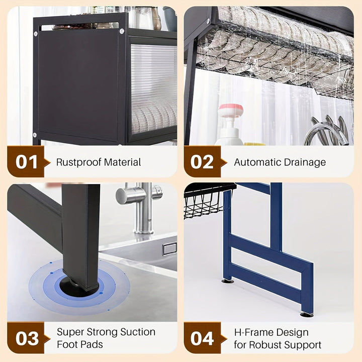 [Escurridor Moderno de Metal] Escurridor de Platos Moderno de Metal 1ud de Doble Capa Sobre Fregadero - Almacenamiento Multifuncional, Tapa Abatible, Soporte para Utensilios, Organizador de Cocina Negro (25.59"L x 11.02"W x 31.88"H)