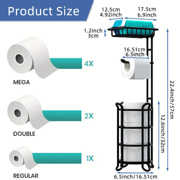 Soporte para papel higiénico de hierro forjado pintado, independiente, con estante adicional para rollos gigantes, teléfono, toallitas y difusor, instalación con adhesivo, para baño