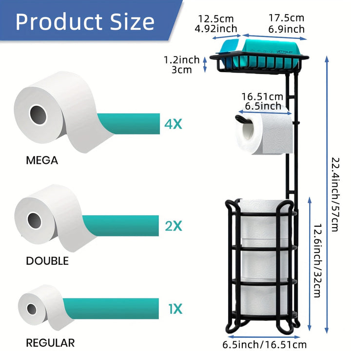 Soporte para papel higiénico de hierro forjado pintado, independiente, con estante adicional para rollos gigantes, teléfono, toallitas y difusor, instalación con adhesivo, para baño