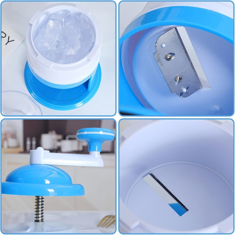 Heladera Manual de Doble Uso - Diseño Portátil Sin Electricidad con Tazón Transparente para Cubitos y Hielo Rallado Casero - Esencial para Picnics, Camping y Bebidas de Verano - Gadget Azul y Blanco, Heladora Compacta, Equipo de Campaña, Construcción Dur
