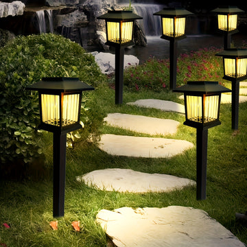 6 luces solares para jardín con base - Iluminación LED exterior para caminos, luz cálida/blanca, encendido/apagado automático, fácil instalación, ideal para jardines, villas, parques y senderos - Regalo perfecto para Navidad y Halloween, iluminación sola