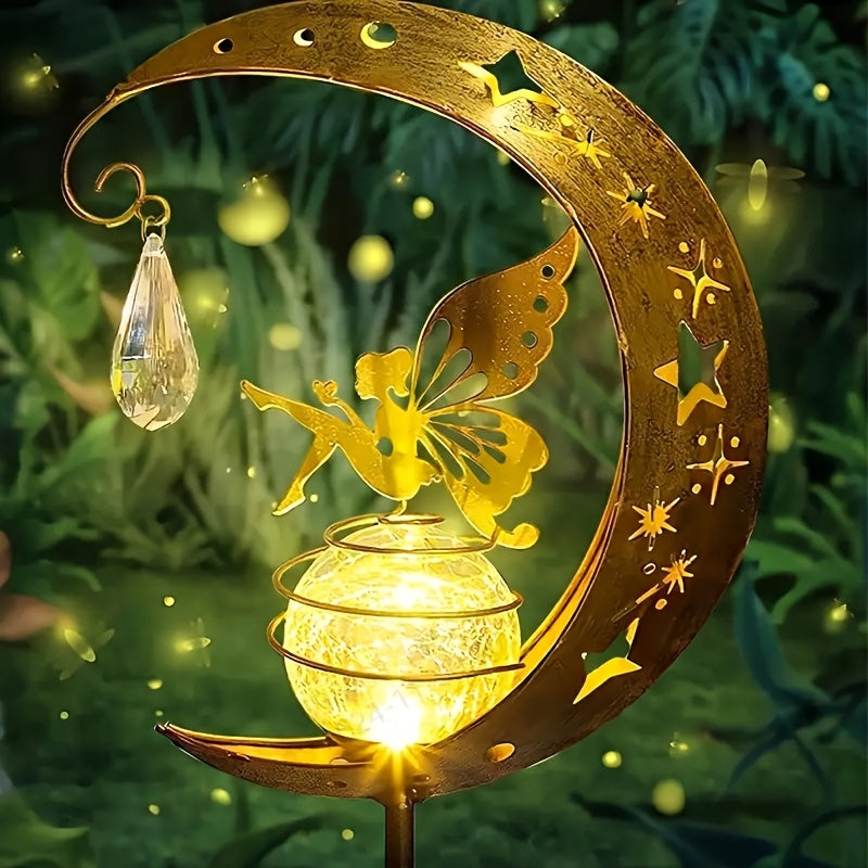 1 Luz de Jardín Solar Hada Luna de Hierro - Decoración Exquisita al Estilo Cuento de Hadas para Patios, Senderos y Gazebos