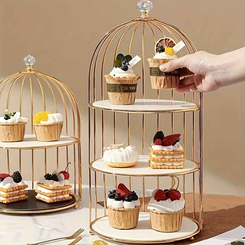 Elegante Soporte para Pastel de Doble Capa con Forma de Jaula de Pájaros - Exhibidor de Postres de Hierro Fundido Dorado para Sala de Estar, Perfecto para Aperitivos, Frutas y Dulces