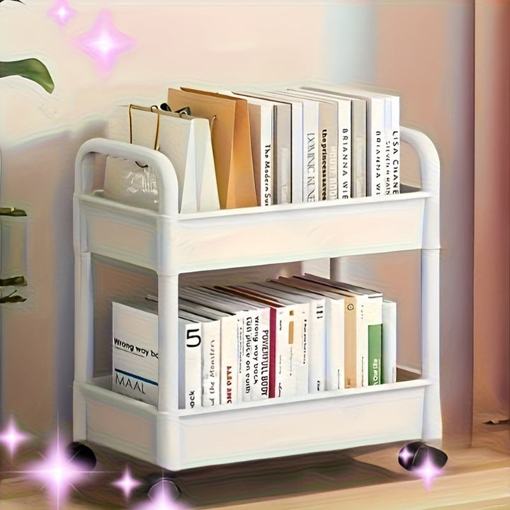 1 estante de almacenamiento giratorio de doble capa con ruedas - Organizador de oficina, bocadillos y libros de plástico duradero - Estante de escritorio ahorrador de espacio para cocina, dormitorio, hogar y baño, estante práctico.