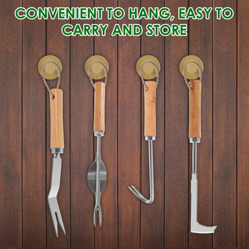 Juego de 4 Herramientas para Deshierbar Acero Inoxidable con Mango Ergonómico de Madera, Set Multiusos para Jardinería y Transplante
