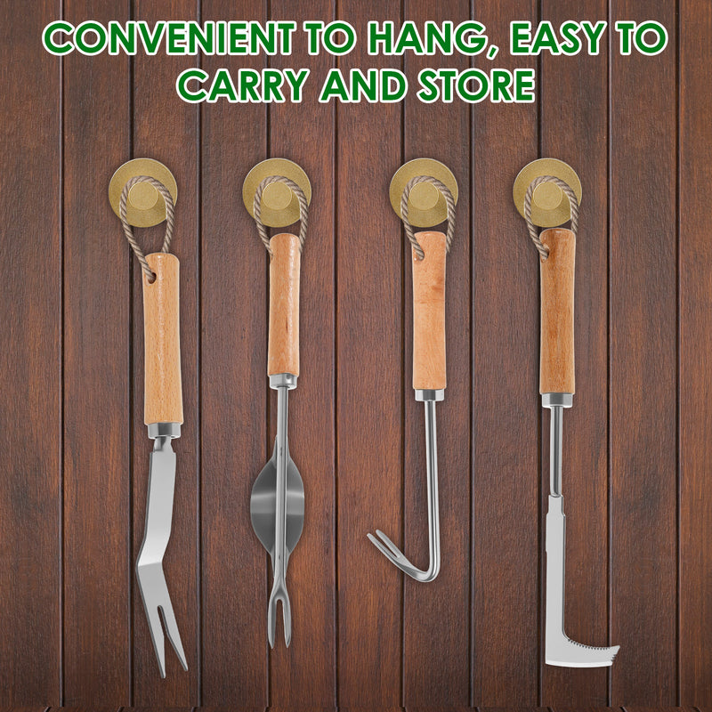 Juego de 4 Herramientas para Deshierbar Acero Inoxidable con Mango Ergonómico de Madera, Set Multiusos para Jardinería y Transplante