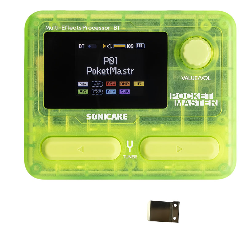 SONICAKE Pocket Master Guitar Modeling IR Cabinets Simulación de Efectos Múltiples con Clip para Cinturón Transparente Verde - Versión en Español (1 unidad)