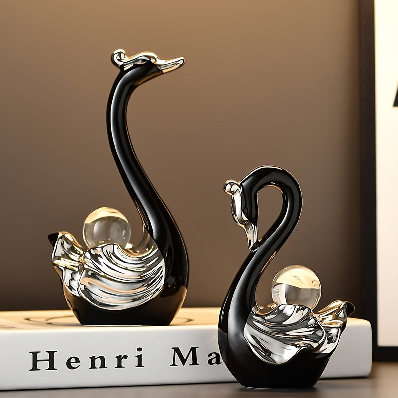 2 Piezas de Figuras de Cisne con Cristales - Decoración de Resina de Lujo para Sala, Soporte de TV, Uso Interior/Exterior - Regalo Elegante para Recién Casados