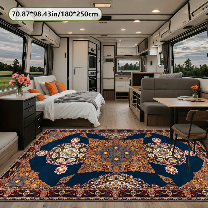 Alfombra Decorativa de Terciopelo Diamante Dorado + Base Antideslizante Plástica, Estampado 2D con Patrón Tradicional Exquisito, Estilo Clásico para Picnics, RVs, Balcones, Terrazas y Camping, Uso en Interiores y Exteriores, Varios Tamaños Disponibles