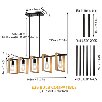 Luces de 5 Luces para Isla de Cocina, Lámpara Colgante Rústica para Comedor Estilo Granja, Araña Rectangular de Madera y Metal , Iluminación Suspendida para Sala de Estar o Bar, Base E26 (Bombillas No Incluidas)