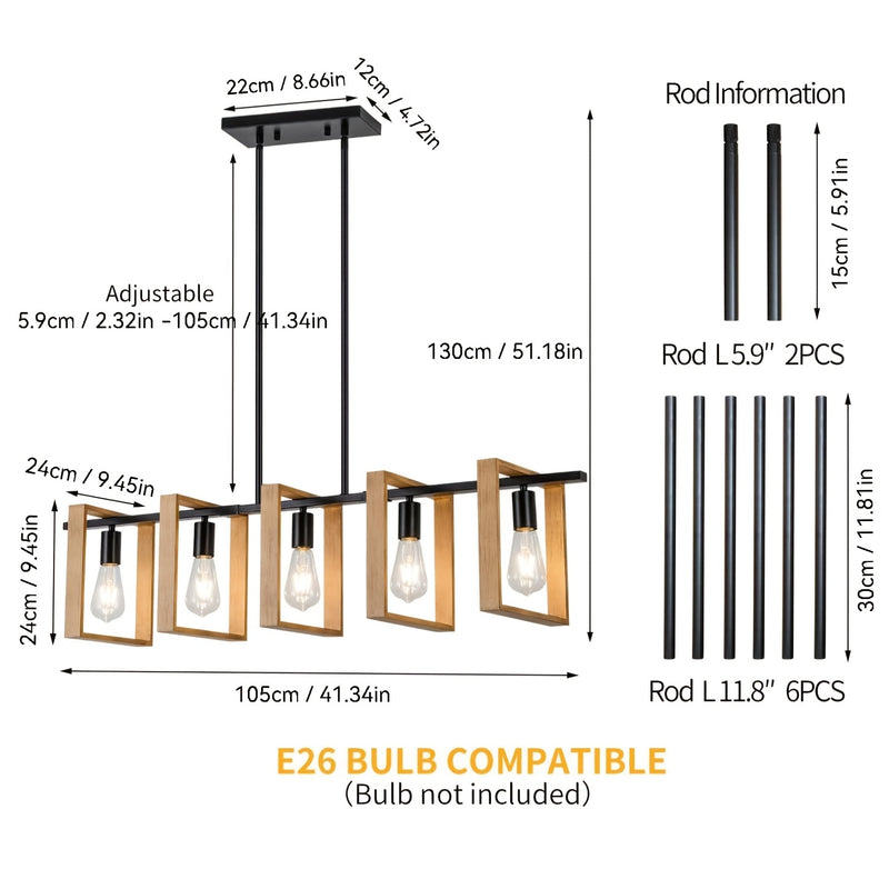 Luces de 5 Luces para Isla de Cocina, Lámpara Colgante Rústica para Comedor Estilo Granja, Araña Rectangular de Madera y Metal , Iluminación Suspendida para Sala de Estar o Bar, Base E26 (Bombillas No Incluidas)